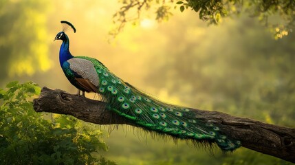 Obraz premium Majestic peacock perched on a tree branch in a sunlit forest. (1)