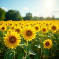 Obraz premium Golden sunflowers bask in vibrant sunlight, endless field , bright yellow, plant, beauty