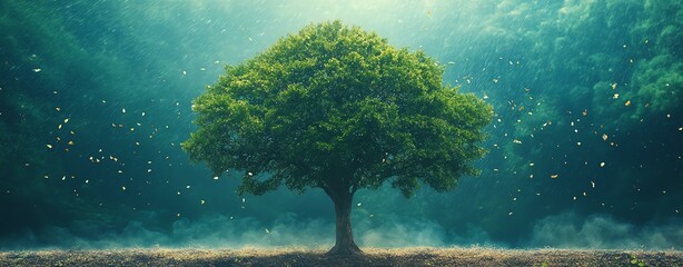 A majestic tree stands strong amidst a mystical forest, surrounded by shimmering particles of light.