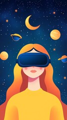 Fototapeta premium A young woman wearing a VR headset explores a cosmic universe filled with planets and celestial bodies.