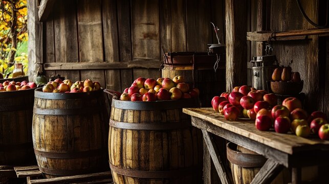 cider-making process, with fresh apples pressed and juice stored in oak barrels for fermentation