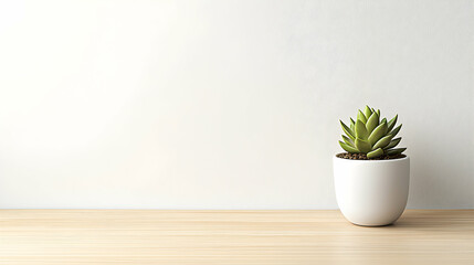Small Green Succulent in White Pot on Light Wooden Table Against White Wall