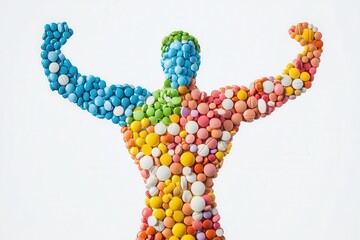 Colorful human silhouette made of multicolored pills in flexing pose.