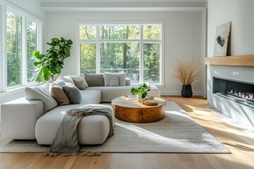 Modern living room with large windows, sectional sofa, and fireplace.