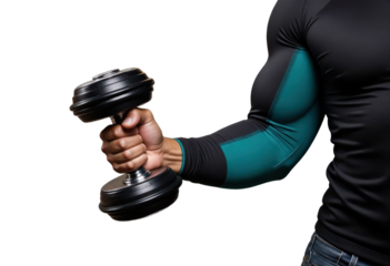 Muscular arm holding a dumbbell, transparent background