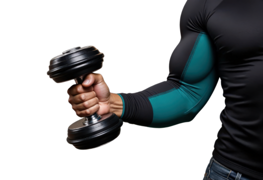 Muscular arm holding a dumbbell, transparent background