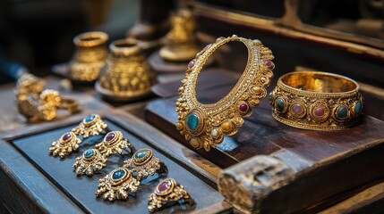 metalworking shop where craftsmen create intricate jewelry using gold, silver, and gemstones