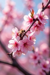 Naklejka premium Pink cherry blossom branches laden with blooms, bee pollinating , flowering, pretty, sweet