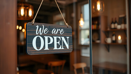 a shop or cafe displaying an "Open" sign, welcoming customers. The sign hangs on the glass door, suggesting accessibility 