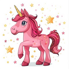 Cute Pink Unicorn with Sparkling Stars and Colorful Mane