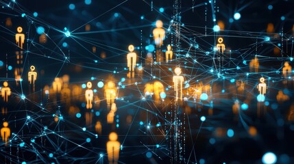 Obraz premium Futuristic digital network with human figures and data lines
