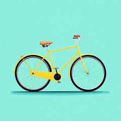 Fototapeta premium Bright yellow bicycle on teal background with orange seat and grips.