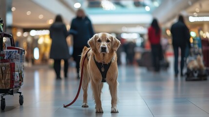 dog accompanying a handler with anxiety, calmly guiding them through a busy shopping mall, keeping them grounded and providing emotional relief in overwhelming situations.