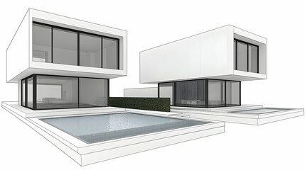 Modern White Geometric House with Pool and Landscaping