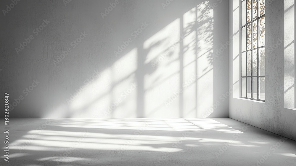 Poster sunlight creates a serene atmosphere in an empty room with large windows and soft shadows during the