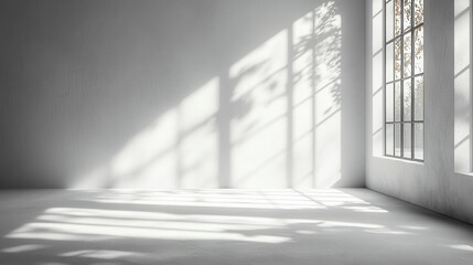 Fototapeta premium Sunlight creates a serene atmosphere in an empty room with large windows and soft shadows during the afternoon
