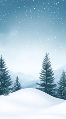 Fototapeta premium Snow covered pine trees on serene mountain landscape with falling snowflakes.
