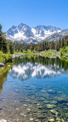 Snow capped mountain range reflected in crystal clear alpine lake surrounded by lush greenery and pine trees under bright blue sky.