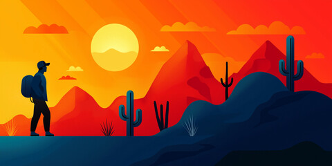 Naklejka premium hiker explores vibrant desert landscape under setting sun, surrounded by cacti and mountains, evoking sense of adventure and tranquility