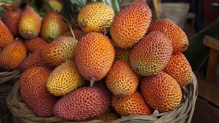 A tropical market scene displaying the exotic fruit salak, also known as snake fruit, with its distinctive scaly skin