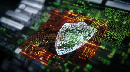 Fototapeta premium Digital security concept: shield on circuit board representing cyber protection