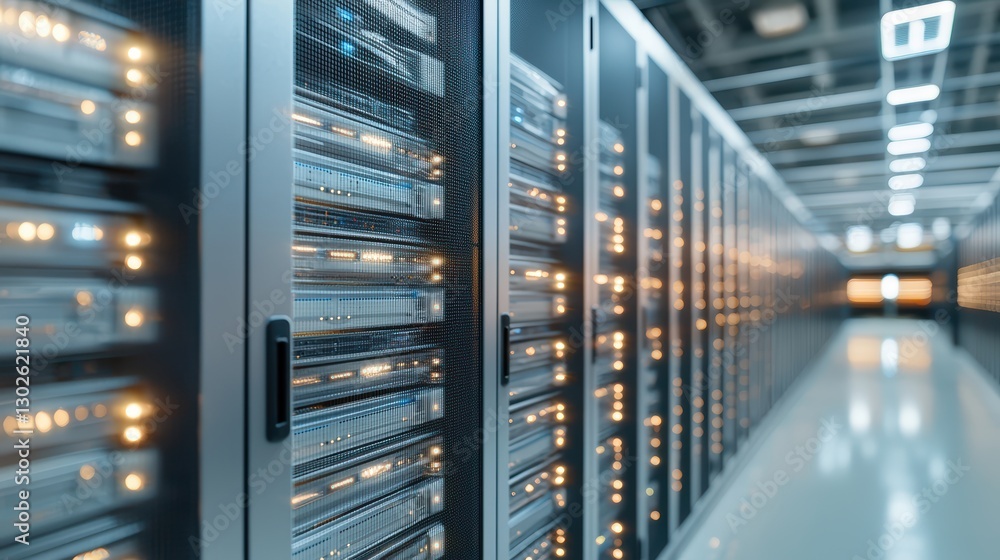 Poster advanced data center servers with glowing lights in modern technology environment
