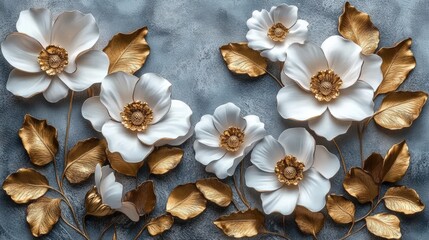 Fototapeta premium A textured artwork featuring white flowers with golden leaves against a soft blue background, showcasing intricate details and elegance.