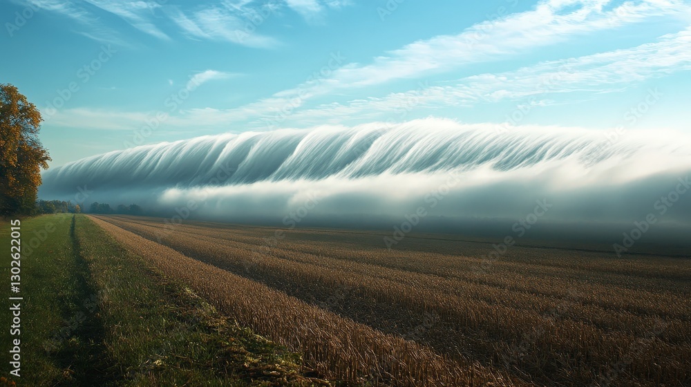 Poster a unique roll cloud stretching horizontally across the horizon, casting shadows on the fields below,