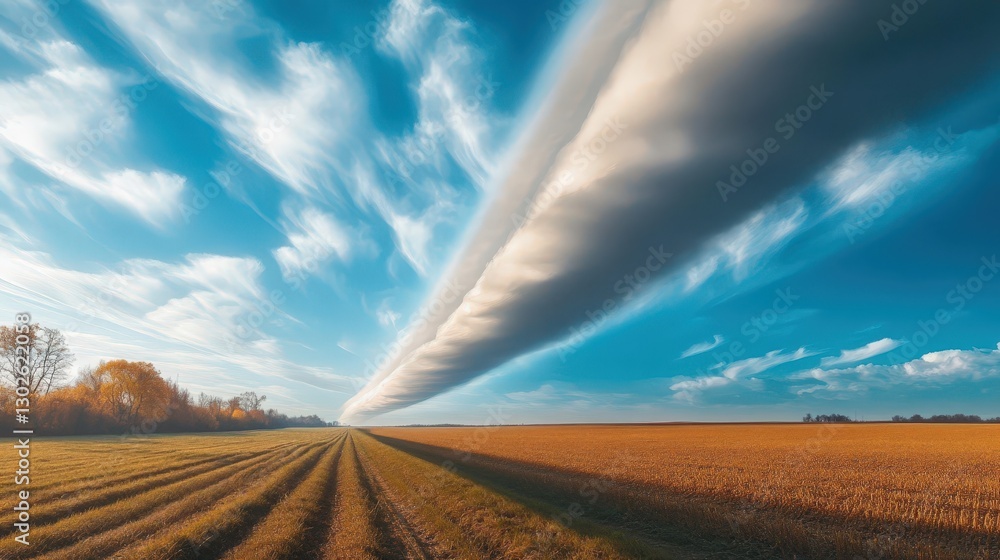 Poster a unique roll cloud stretching horizontally across the horizon, casting shadows on the fields below,