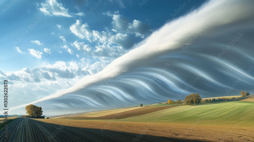 Poster a unique roll cloud stretching horizontally across the horizon, casting shadows on the fields below,