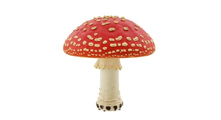 Obraz premium A single red-capped Amanita muscaria mushroom on a white background, highly detailed