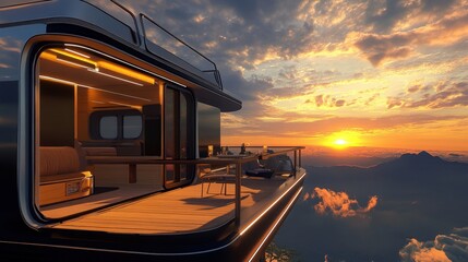 A van conversion with a rooftop deck, allowing travelers to enjoy stunning sunsets from an elevated perspective