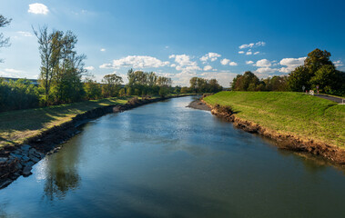 Olse river from Most Sokolovskych hrdinu bridge in Karvina city in Czech republic