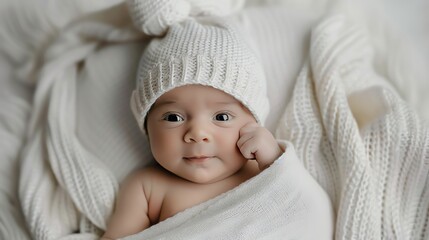 A newborn baby wearing a white knitted hat looks at the camera with big blue eyes.