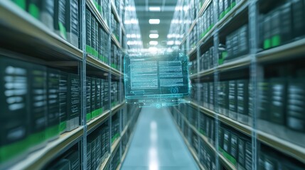 Futuristic digital archive in library with holographic interface technology