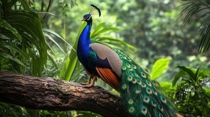 Majestic peacock perched on a tree branch in lush greenery.