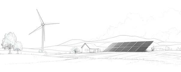 Photovoltaic panel and windmill for green energy generation. One continuous line art drawing, on white background