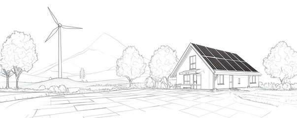 Photovoltaic panel and windmill for green energy generation. One continuous line art drawing, kept on white background