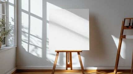 Sunlit canvas on easel by a bright window casts dynamic shadow, suggesting creativity and artistic potential.