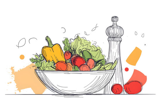A continuous one-line drawing of a fresh vegetable greek salad bowl, a pepper mill banner. Modern poster with simole hand-drawn lines, on white background