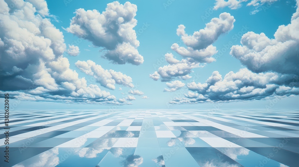 Poster a vast sky filled with altocumulus clouds, each one resembling a puff of cotton, creating a surreal 