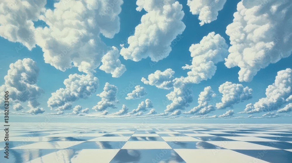 Poster a vast sky filled with altocumulus clouds, each one resembling a puff of cotton, creating a surreal 