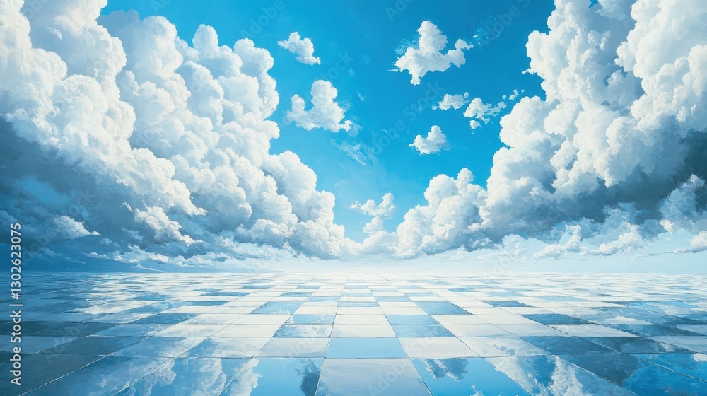 Poster a vast sky filled with altocumulus clouds, each one resembling a puff of cotton, creating a surreal 