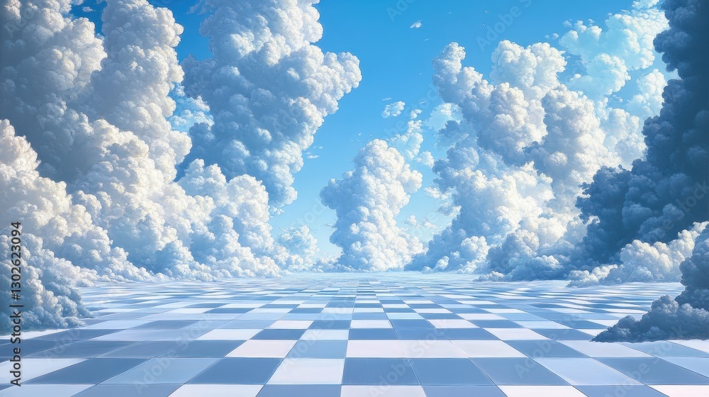 Poster a vast sky filled with altocumulus clouds, each one resembling a puff of cotton, creating a surreal 