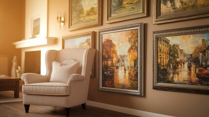 Comfortable armchair near paintings in living room