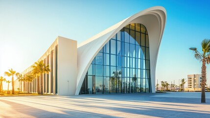 A modern church with sleek architecture, large glass windows, and minimalist dÃ©cor that blends tradition with contemporary elements.