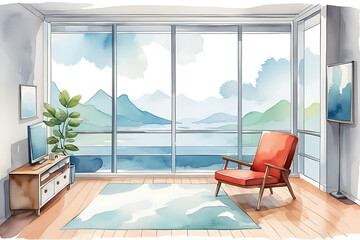 Watercolor Living Room Interior with Lake View and Modern Furniture