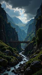 Obraz premium Canyon storm approaching reveals dramatic landscape featuring rocky cliffs, lush greenery, and flowing river, creating stunning natural backdrop. Concept emphasizes canyon storm approaching