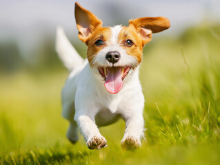 Energetic Jack Russell Terrier Running on Green Grass &ndash; Happy and Playful Dog in the Sun with a Blurred Background
