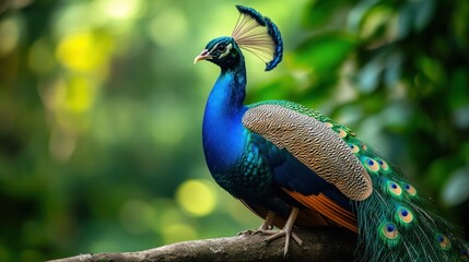 Fototapeta premium Majestic peacock perched on a branch, showcasing vibrant plumage in a lush green forest.